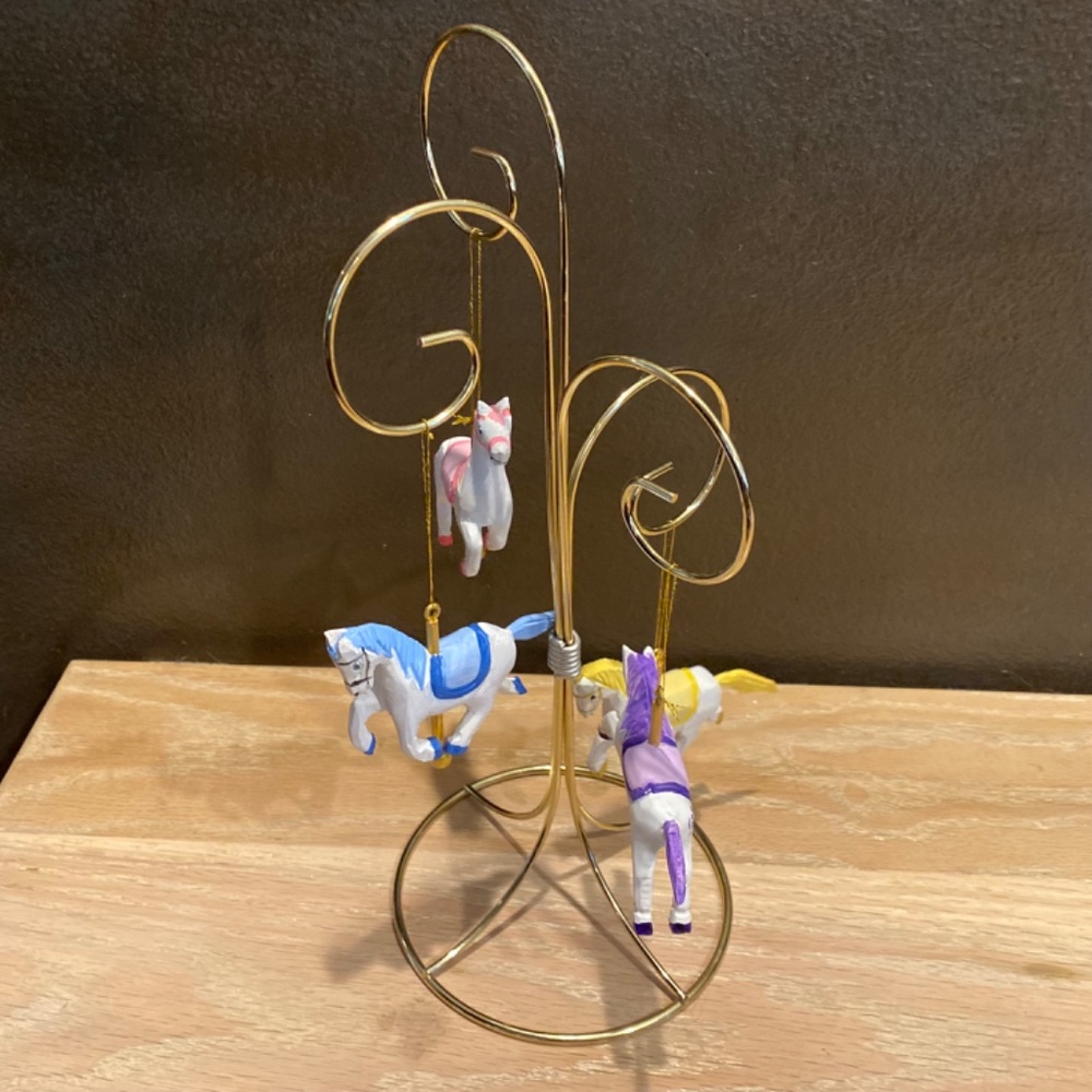 4 Carousel Horse Ornaments, Wood & Hand Painted, 13" Wire Stand, Nursery or Tree - Picture 3 of 16
